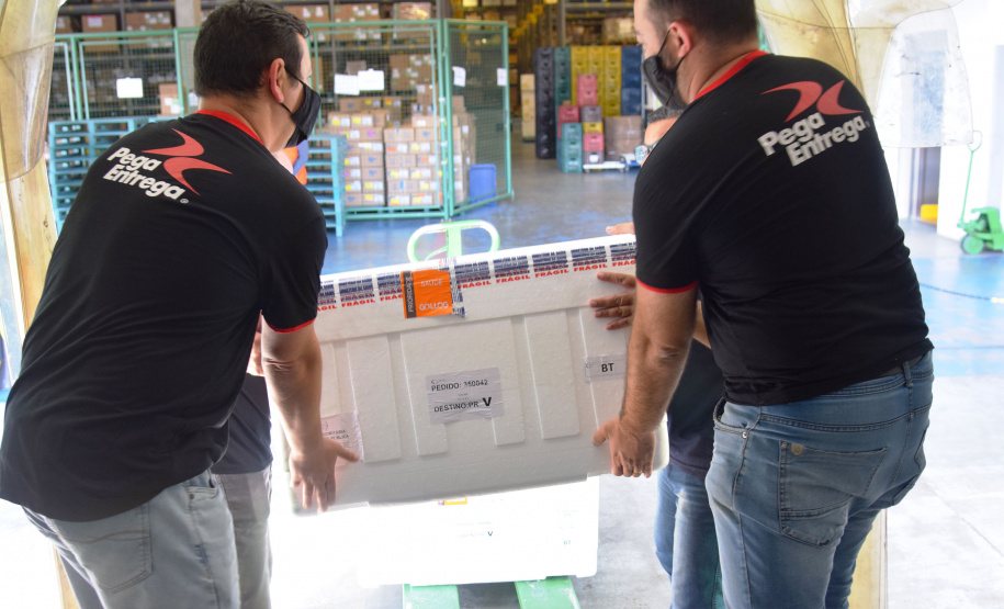 O Paraná recebeu na manhã deste sábado (1º) 14.600 doses da Coronavac, fabricada pelo Instituto Butantan/Sinovac. O volume é parte das 406.100 doses de vacinas contra a Covid-19, referentes ao 16° lote enviado pelo Ministério da Saúde ao Estado.  -  Curitiba, 01/05/2021  -  Foto: Américo Antonio/SESA