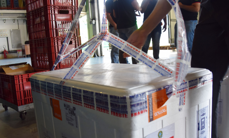 O Paraná recebeu na manhã deste sábado (1º) 14.600 doses da Coronavac, fabricada pelo Instituto Butantan/Sinovac. O volume é parte das 406.100 doses de vacinas contra a Covid-19, referentes ao 16° lote enviado pelo Ministério da Saúde ao Estado.  -  Curitiba, 01/05/2021  -  Foto: Américo Antonio/SESA