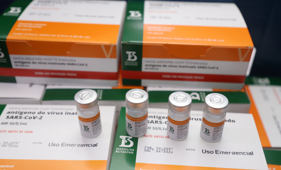 O Paraná recebeu neste sábado (08) mais 57.800 doses da vacina contra a Covid-19. O imunizante é o CoronaVac, produzido em parceria pela farmacêutica chinesa Sinovac e o Instituto Butantan, de São Paulo.  Foto:Ari Dias/AEN