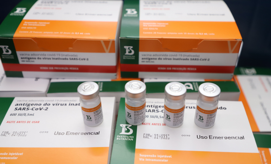 O Paraná recebeu neste sábado (08) mais 57.800 doses da vacina contra a Covid-19. O imunizante é o CoronaVac, produzido em parceria pela farmacêutica chinesa Sinovac e o Instituto Butantan, de São Paulo.  Foto:Ari Dias/AEN