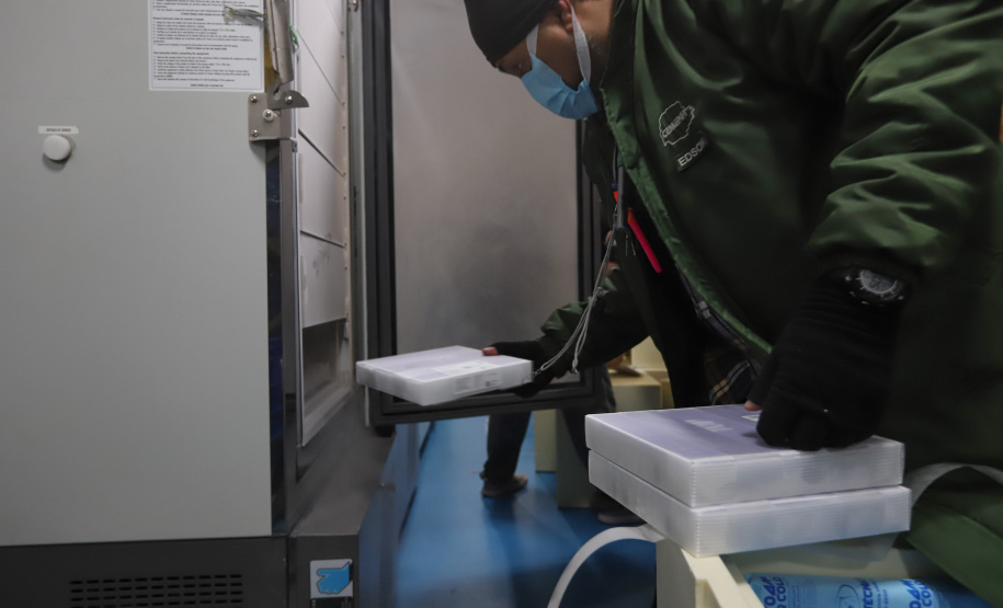 Vacina Pfizer 2 Segundo lote com 67.860 doses da vacina Pfizer/Comirnaty/BioNtech chega no Centro de Medicamentos do Paraná (Cemepar), em Curitiba, na noite desta segunda-feira (10). Foto: Geraldo Bubniak/AEN