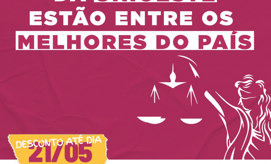 Os cursos de Direito da Universidade Estadual do Oeste do Paraná (Unioeste), em funcionamento nos campi de Marechal Candido Rondon, Francisco Beltrão e Foz do Iguaçu, receberam a nota 5 no Exame Nacional de Desempenho dos Estudantes (Enade), realizado pelo Ministério da Educação (MEC. - Foto/Arte; UNIOESTE