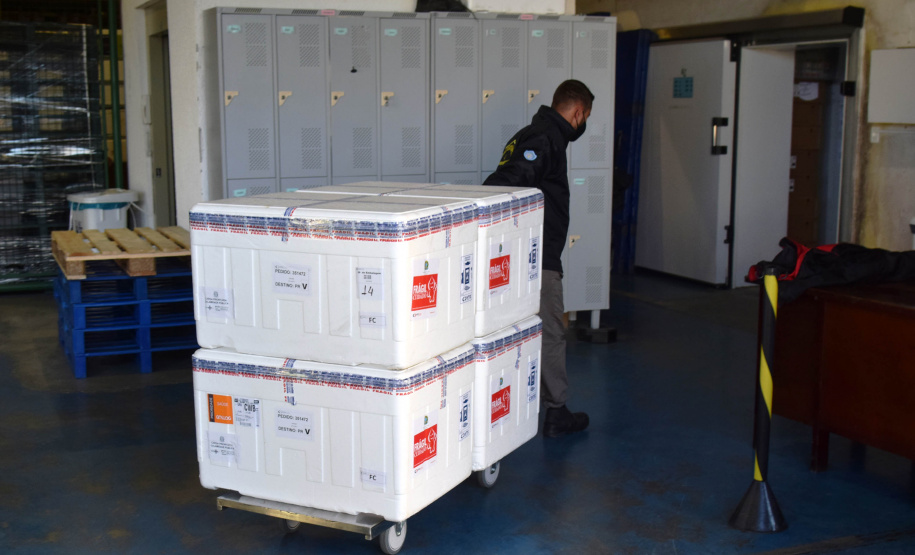 O Paraná recebeu nesta quinta-feira (13) mais 244,8 mil vacinas contra a Covid-19, sendo 118 mil doses da Covishield, produzida pela AstraZeneca e Fiocruz, além de 126.800 doses da CoronaVac, da parceria entre a Sinovac e o Instituto Butantan. Os imunizantes fazem parte da 19ª remessa de distribuição do Ministério da Saúde. - Curitiba, 13/05/2021 - Foto: Américo Antonio/SESA