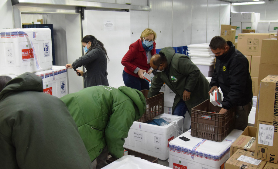 O Paraná recebeu nesta quinta-feira (13) mais 244,8 mil vacinas contra a Covid-19, sendo 118 mil doses da Covishield, produzida pela AstraZeneca e Fiocruz, além de 126.800 doses da CoronaVac, da parceria entre a Sinovac e o Instituto Butantan. Os imunizantes fazem parte da 19ª remessa de distribuição do Ministério da Saúde. - Curitiba, 13/05/2021 - Foto: Américo Antonio/SESA