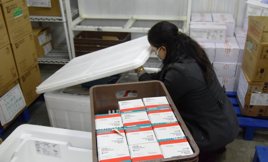 O Paraná recebeu nesta quinta-feira (13) mais 244,8 mil vacinas contra a Covid-19, sendo 118 mil doses da Covishield, produzida pela AstraZeneca e Fiocruz, além de 126.800 doses da CoronaVac, da parceria entre a Sinovac e o Instituto Butantan. Os imunizantes fazem parte da 19ª remessa de distribuição do Ministério da Saúde. - Curitiba, 13/05/2021 - Foto: Américo Antonio/SESA