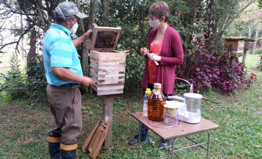Projetos desenvolvidos pela Universidade Estadual do Centro-Oeste (Unicentro) e a Universidade Estadual de Londrina (UEL) vêm fortalecendo a atividade produtiva da Apicultura, a partir da capacitação técnica de produtores rurais. Com foco em boas práticas apícolas, as iniciativas contemplam a produção e o beneficiamento de mel e derivados, em conformidade com os padrões sanitários. - Foto: SETI