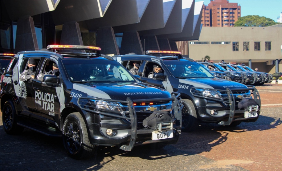 Equipes policiais do Batalhão de Operações Especiais (Bope), treinadas para dar suporte às unidades de área da PM nas ocorrências de maior periculosidade, estão na região de Cascavel nesta semana. A Operação Pronta Resposta IV foi lançada nesta terça-feira (18), no centro da cidade, com a participação do subcomandante-geral da PM, coronel Rui Noé Barroso Torres. - -  Cascavel, 18/05/2021  -  Foto: PMPR/SESP-PR