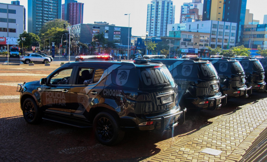 Equipes policiais do Batalhão de Operações Especiais (Bope), treinadas para dar suporte às unidades de área da PM nas ocorrências de maior periculosidade, estão na região de Cascavel nesta semana. A Operação Pronta Resposta IV foi lançada nesta terça-feira (18), no centro da cidade, com a participação do subcomandante-geral da PM, coronel Rui Noé Barroso Torres. - -  Cascavel, 18/05/2021  -  Foto: PMPR/SESP-PR