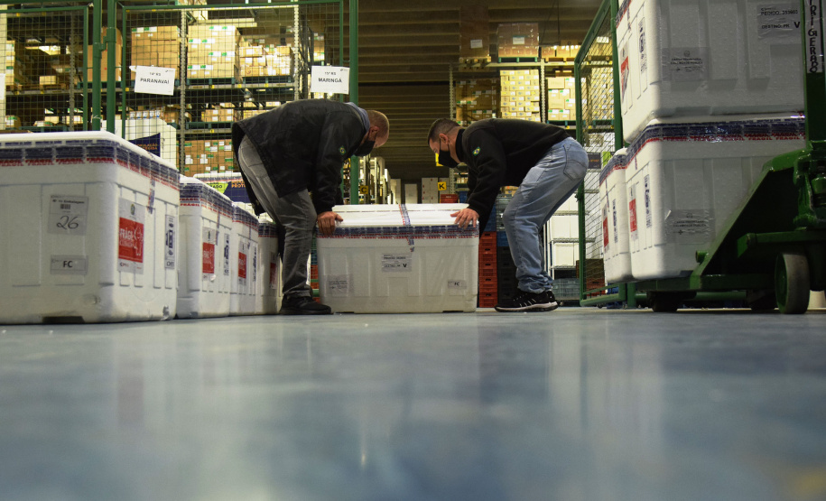 A Secretaria de Estado da Saúde (Sesa) recebeu na noite desta terça-feira (26), 352.750 doses da vacina AstraZeneca/Fiocruz, contra a Covid-19.   -  Curiti, 26/05/2021  -  Foto: Américo Antonio/SESA