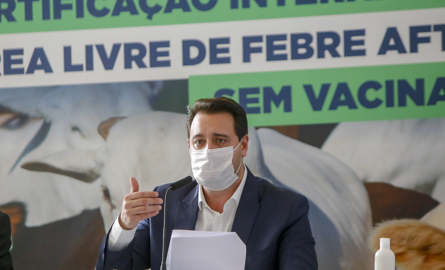 Governador Ratinho Junior destaca o reconhecimento internacional concedido ao Paraná como Área Livre de Febre Aftosa sem Vacinação.
Foto Gilson Abreu/AEN