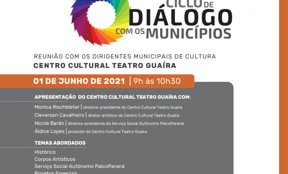 O Teatro Guaíra participa da edição de junho do Ciclo de Diálogo com os Municípios para apresentar as ações da instituição e possíveis parcerias aos gestores municipais. Curitiba, 31/05/2021 - Foto/Arte: Teatrao Guaíra