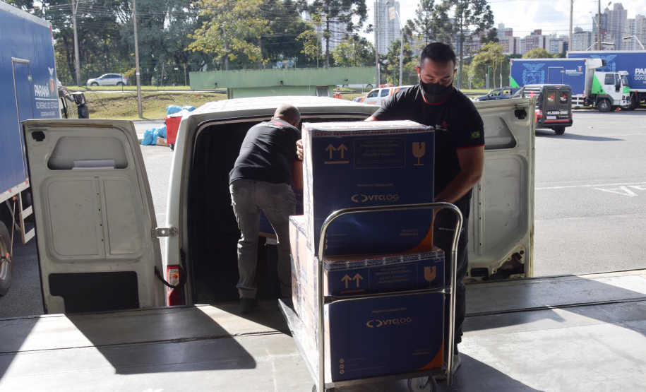 Mais uma leva de vacina Cominarty, produzida pela Pfizer/BioNTech, chegou ao Paraná nesta quinta-feira (3). O lote de 37.440 doses foi recebido às 13h20 no Aeroporto Internacional Afonso Pena, em São José dos Pinhais, na Região Metropolitana de Curitiba, e seguiu para conferência no Centro de Medicamentos do Paraná (Cemepar), onde chegou às 13h50. - Curitiba, 03/06/2021 - Foto: Américo Antonio/SESA