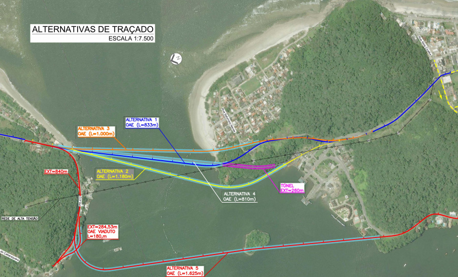Mapa alternativas de traçado para a ponte de Guaratuba - Curitiba, 07/06/2021 - Foto: DER