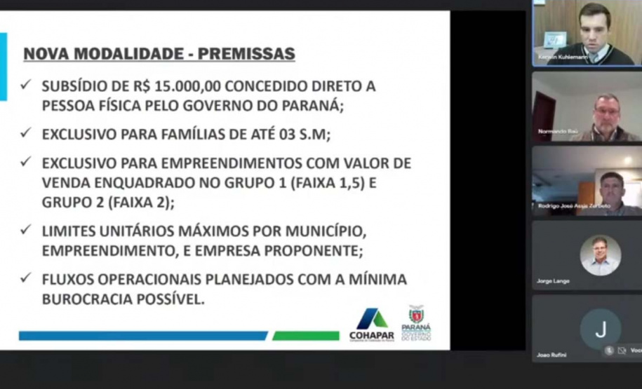 Representantes da Cohapar participaram na noite desta terça-feira (15) de um evento virtual com empresários de construtoras organizado pelo Sindicato da Indústria da Construção Civil no Paraná (Sinduscon PR) e membros da Caixa Econômica