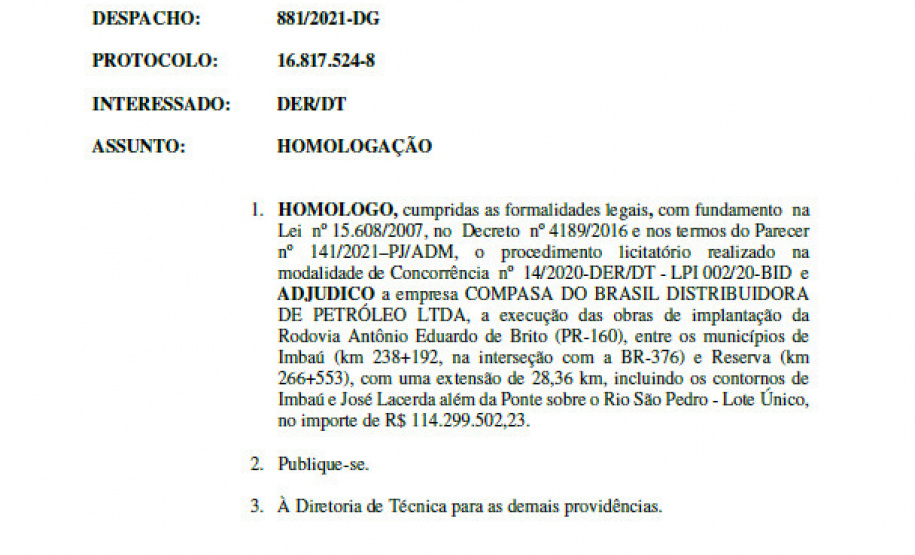 O Departamento de Estradas de Rodagem do Paraná (DER/PR) homologou o resultado da licitação para pavimentar a PR-160, entre Imbaú e Reserva, na região dos Campos Gerais - Curitiba, 16/06/2021 - Foto: DER/PR