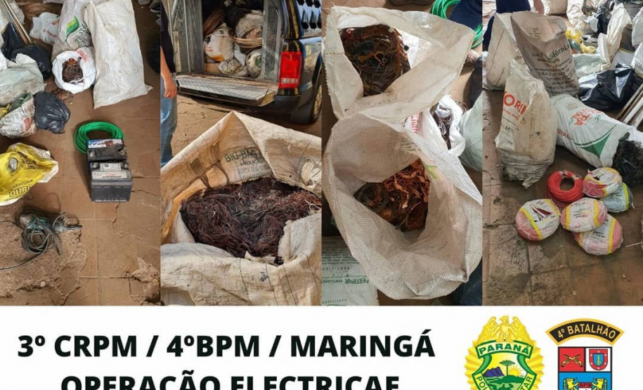 Policiais militares do 4º Batalhão de Polícia Militar (4º BPM), pertencente ao 3º Comando Regional da PM (3º CRPM), em conjunto com a Polícia Civil, a Guarda Municipal e a Prefeitura de Maringá desencadearam a Operação Electricae e apreenderam mais de meia tonelada de cobre derretido e aço inox. A ação policial aconteceu na quinta-feira (17/06) no Noroeste do estado e duas pessoas acabaram encaminhadas.  -  Maringá, 17/06/2021  -  Foto: SESP-PR