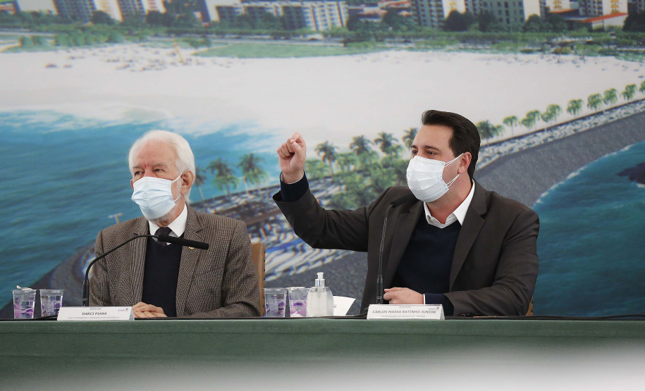 Edital de licitação da primeira fase das obras de recuperação da orla de Matinhos lançado nesta segunda-feira (21) pelo governador Carlos Massa Ratinho Junior prevê investimentos de R$ 377,85 milhões na revitalização de 6,3 quilômetros entre a Avenida Paraná e o Balneário Flórida. Foto: Jonathan Campos/AEN