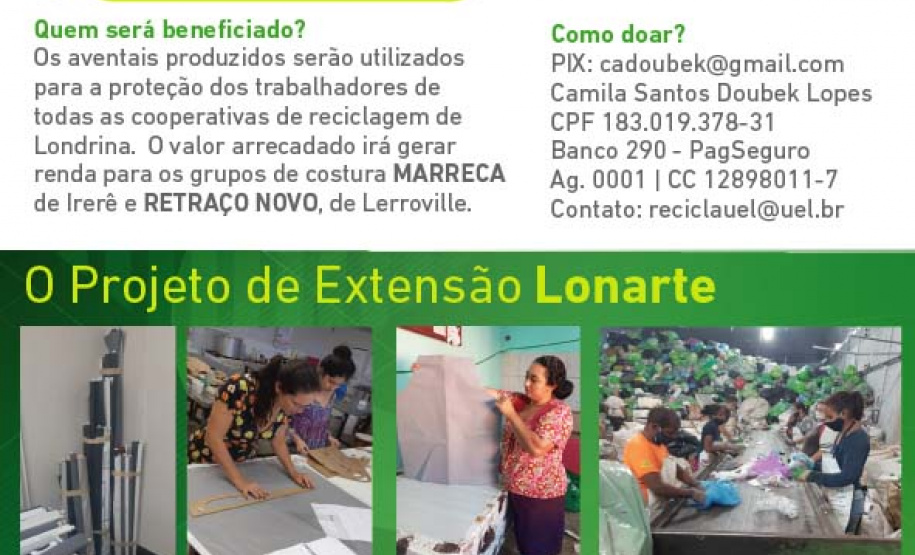 Projeto Lonarte da UEL busca apoio para produção de aventais direcionada a trabalhadores da reciclagem
. Foto:UEL