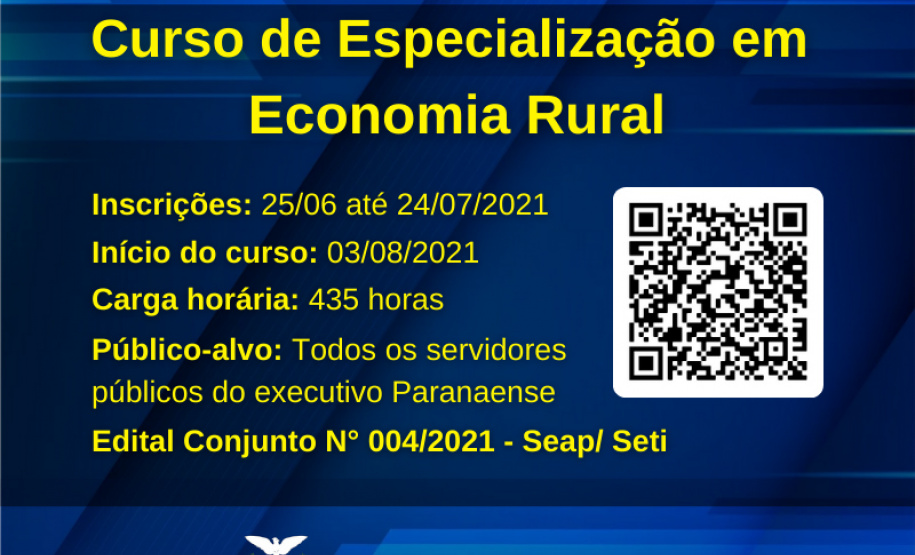 A Escola de Gestão do Paraná (EGP) está com inscrições abertas para o preenchimento
de 200 (duzentas) vagas para o curso de Pós-Graduação em Economia Rural. -  Foto/Arte: Lorival/Escola de Gestão