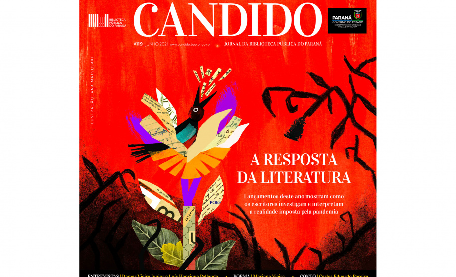 Está no ar o número 119 do jornal Cândido, editado pela Biblioteca Pública do Paraná, que destaca uma nova leva de lançamentos marcados pela temática da pandemia da Covid-19. 
Arte: BPP