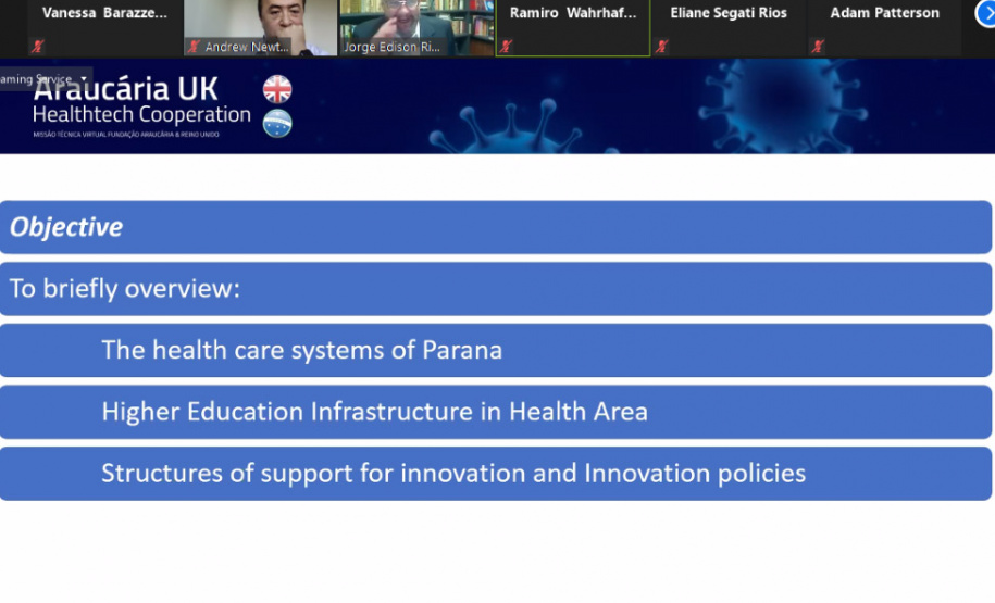 O Governo do Estado do Paraná, por meio da Fundação Araucária (FA), com o apoio da Superintendência Geral da Ciência, Tecnologia e Ensino Superior (Seti) e a Embaixada Britânica realizou, nesta segunda-feira (28), a solenidade de abertura da Missão Técnica Virtual Araucária e UK: Healthtech Cooperation. - Curitiba, 28/06/2021 - Foto: Fundação Araucária