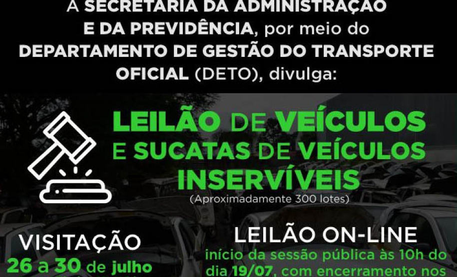 Leilão de veículos e sucatas ofertará 356 itens em 279 lotes  -  Foto: SEAP