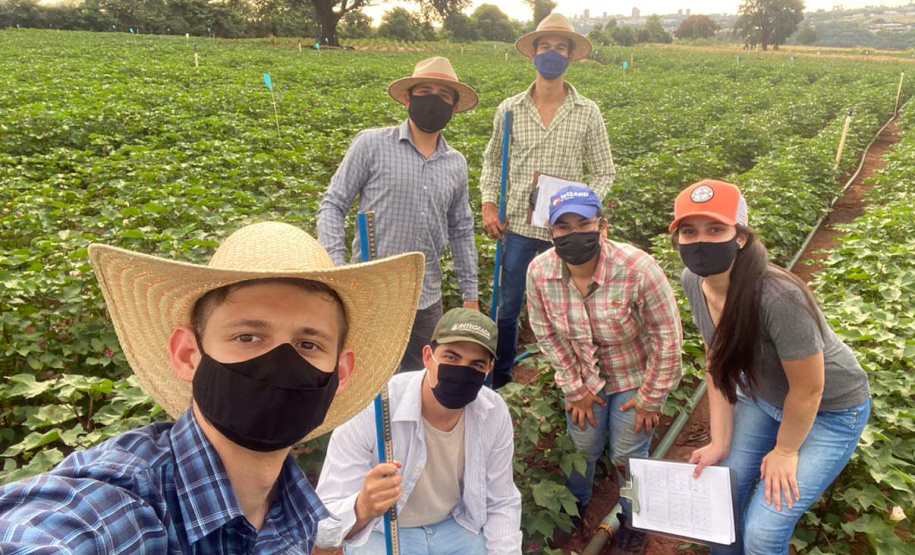 Pesquisa obtém 3x mais algodão com adequado manejo de água e pragas - Alunos de Agronomia: Rafael Corradini (à frente), Eduardo de Lima Souza (abaixado), Danyelle Rech da Silva (boné azul), Maria Eduarda Siqueira Pinheiro (boné laranja), Bruno Norato (em pé, à esq.) e Daniel Haraguchi (em pé, à dir.) - Maringá, 20/07/2021 - Foto: UEM