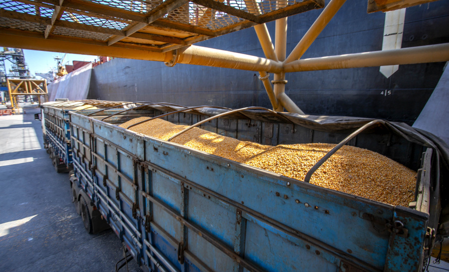 Navio programado para quarta-feira (28) vai descarregar 32 mil toneladas do cereal. Desde o início do ano, já são quatro embarcações recebidas no porto paranaense com milho importado. - Paranaguá, 27/07/2021 - Foto: Claudio Neves/Arquivo Portos do Paraná-primeira operação, em Maio/21