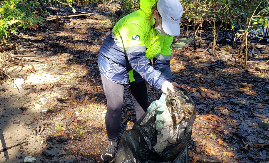 Nesta sexta-feira (30), 115 quilos de lixo foram recolhidos do manguezal, na Ilha do Teixeira, em Paranaguá. A ação integra o Programa de Monitoramento de Manguezais da Portos do Paraná. Foto: Pierpaolo Nota/ Portos do Paraná