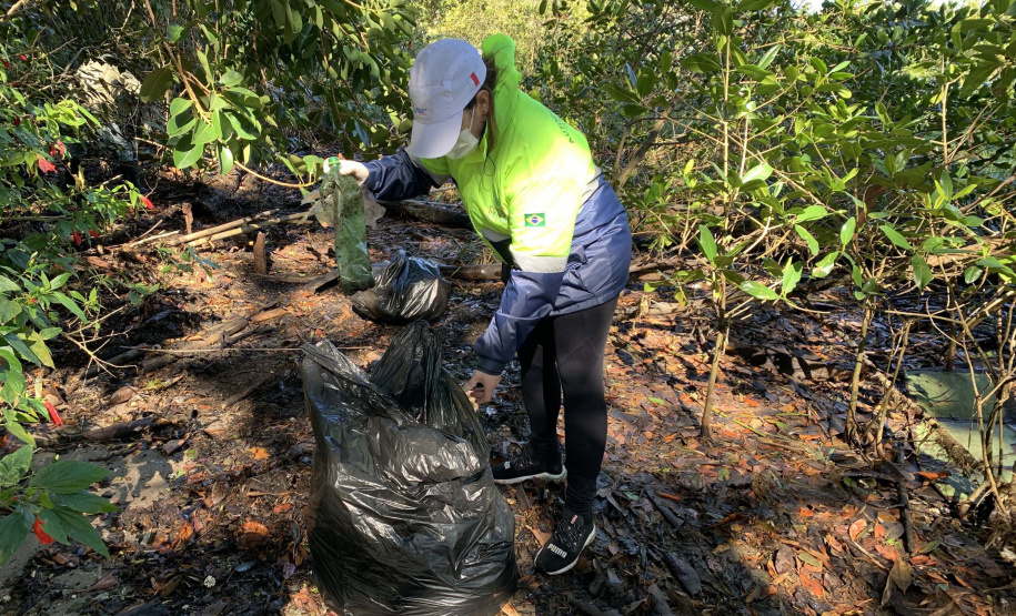 Nesta sexta-feira (30), 115 quilos de lixo foram recolhidos do manguezal, na Ilha do Teixeira, em Paranaguá. A ação integra o Programa de Monitoramento de Manguezais da Portos do Paraná. Foto: Pierpaolo Nota/ Portos do Paraná
