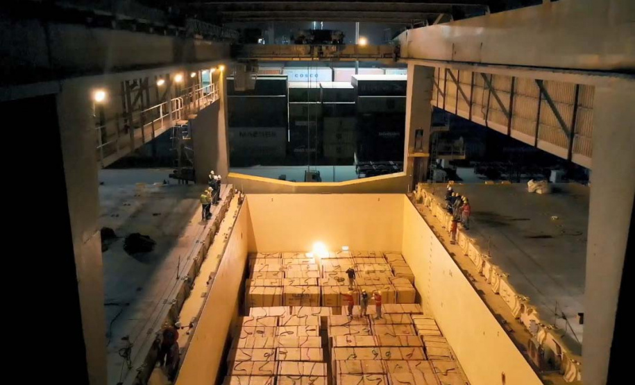 Madeira volta a ser embarcada direto no porão do navio no Porto de Paranaguá . Foto: Divulgação/TCP