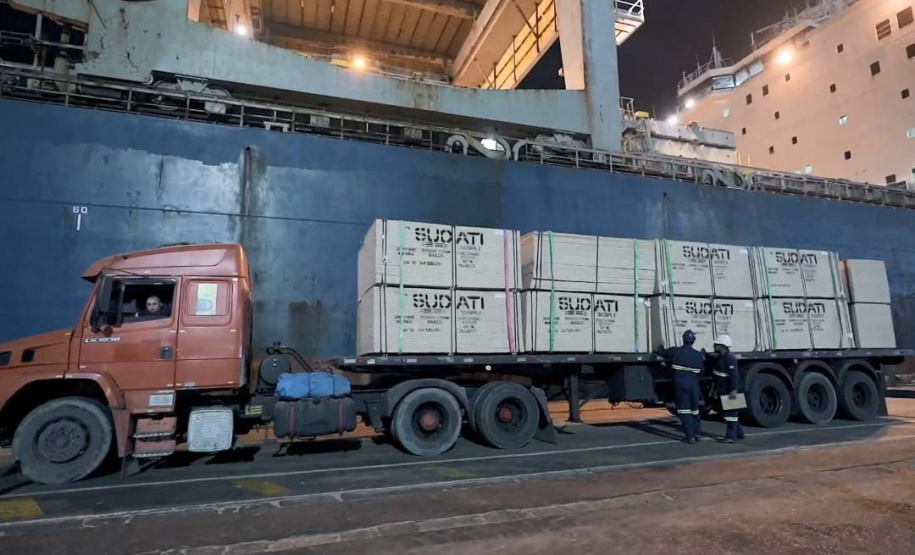 Madeira volta a ser embarcada direto no porão do navio no Porto de Paranaguá . Foto: Divulgação/TCP