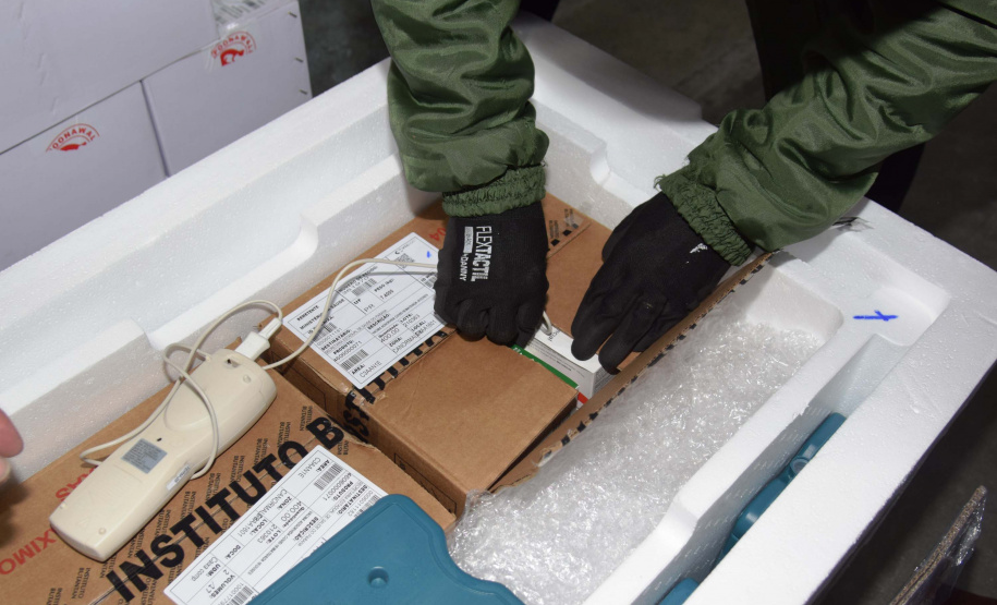 A Secretaria de Estado da Saúde (Sesa) recebeu na tarde desta segunda-feira (9) mais 67,6 mil vacinas contra a Covid-19. As doses da CoronaVac/Butantan fazem parte do lote com 209.170 vacinas para o Paraná, anunciadas pelo Ministério da Saúde no final da noite deste domingo (8). Foto: Américo Antonio/SESA