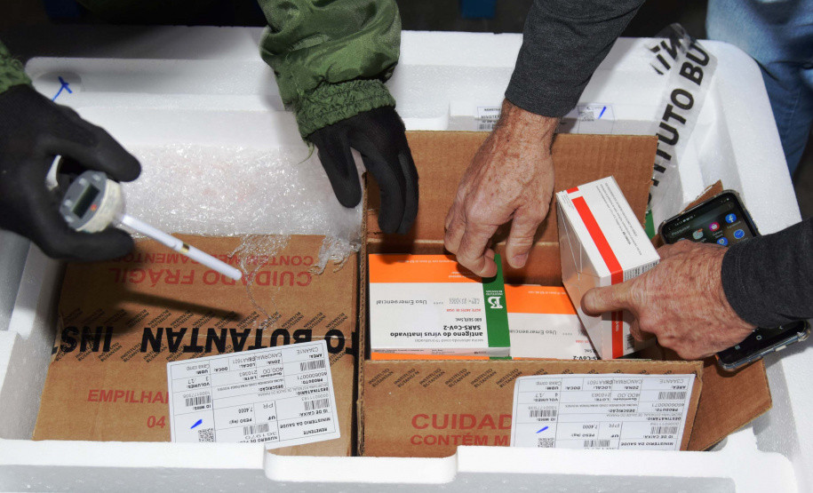 A Secretaria de Estado da Saúde (Sesa) recebeu na tarde desta segunda-feira (9) mais 67,6 mil vacinas contra a Covid-19. As doses da CoronaVac/Butantan fazem parte do lote com 209.170 vacinas para o Paraná, anunciadas pelo Ministério da Saúde no final da noite deste domingo (8). Foto: Américo Antonio/SESA