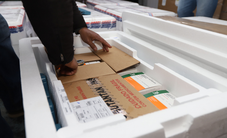 117.760 doses da Coronavac (Sinovac/Butantan) ? 960 delas doadas pela Confederação Sul-Americana de Futebol (Conmebol)  chegam  no Centro de Medicamentos do Paraná (Cemepar), em Curitiba, na manha desta sexta-feira (13).  Foto: Geraldo Bubniak/AEN