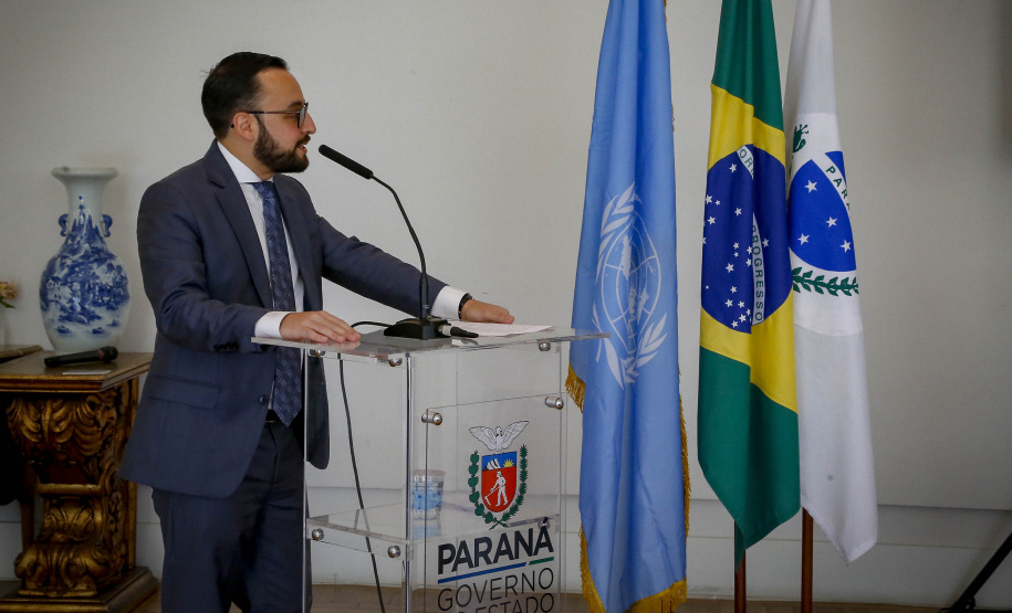Governador Carlos Massa Ratinho Junior, durante cerimônia de posse do advogado paranaense Tracy Reinaldet, como representante brasileiro no Comitê Permanente da América Latina para a Prevenção do Crime (COPLAD), da ONU. - Curitiba, 17/08/2021 - Foto Gilson Abreu/AEN