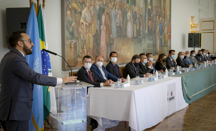 Governador Carlos Massa Ratinho Junior, durante cerimônia de posse do advogado paranaense Tracy Reinaldet, como representante brasileiro no Comitê Permanente da América Latina para a Prevenção do Crime (COPLAD), da ONU. - Curitiba, 17/08/2021 - Foto Gilson Abreu/AEN