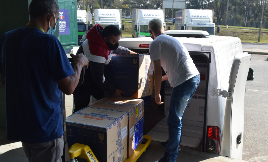 O Paraná recebeu nesta sexta-feira (20) mais 325.660 doses de vacinas contra a Covid-19. O lote enviado pelo Ministério da Saúde foi dividido em duas remessas, com 138.060 imunizantes produzidos pela Pfizer e 187.600 doses da CoronaVac. A distribuição para as 22 regionais que formam o sistema de saúde estadual começa já nesta sexta. -  Curitiba, 20/08/2021  -  Foto: Américo Antonio/SESA