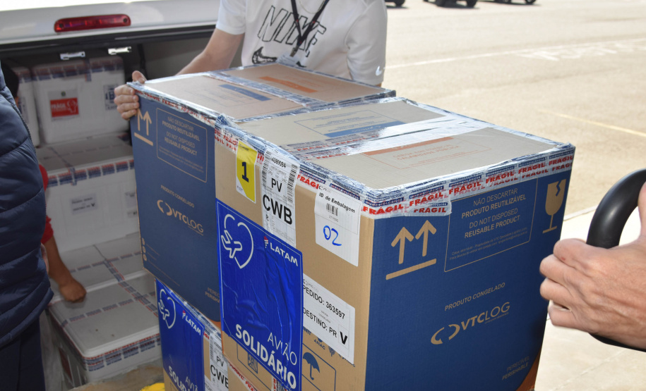 O Paraná recebeu nesta sexta-feira (20) mais 325.660 doses de vacinas contra a Covid-19. O lote enviado pelo Ministério da Saúde foi dividido em duas remessas, com 138.060 imunizantes produzidos pela Pfizer e 187.600 doses da CoronaVac. A distribuição para as 22 regionais que formam o sistema de saúde estadual começa já nesta sexta. -  Curitiba, 20/08/2021  -  Foto: Américo Antonio/SESA