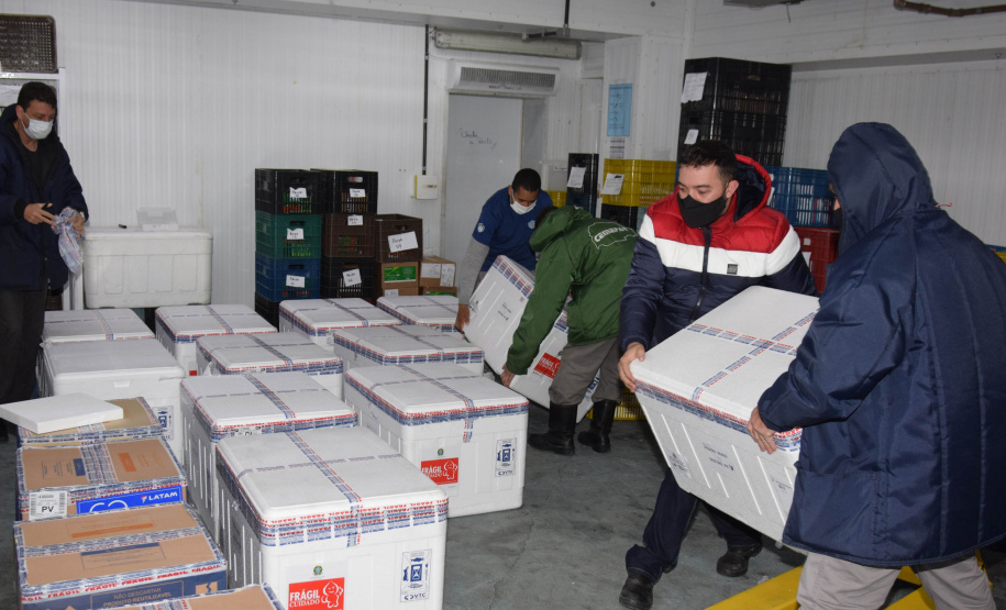 O Paraná recebeu nesta sexta-feira (20) mais 325.660 doses de vacinas contra a Covid-19. O lote enviado pelo Ministério da Saúde foi dividido em duas remessas, com 138.060 imunizantes produzidos pela Pfizer e 187.600 doses da CoronaVac. A distribuição para as 22 regionais que formam o sistema de saúde estadual começa já nesta sexta. -  Curitiba, 20/08/2021  -  Foto: Américo Antonio/SESA