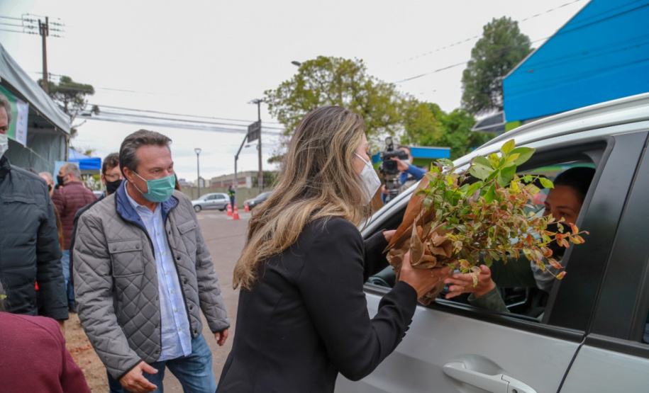 A primeira-dama Luciana Saito Massa, que preside o Conselho de Ação Solidária, e o secretário de Desenvolvimento Sustentável e do Turismo, Márcio Nunes, participam  da distribuição de mudas da campanha Floresce Paraná.F oto: Valdelino Pontes