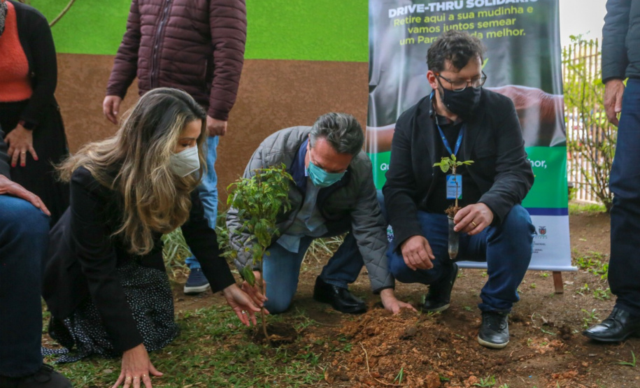 A primeira-dama Luciana Saito Massa, que preside o Conselho de Ação Solidária, e o secretário de Desenvolvimento Sustentável e do Turismo, Márcio Nunes, participam  da distribuição de mudas da campanha Floresce Paraná.F oto: Valdelino Pontes