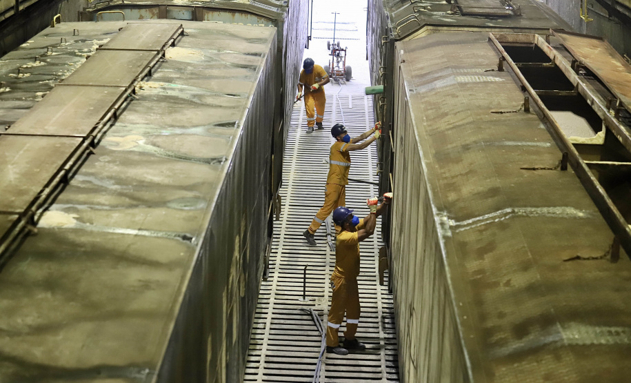 Das 34,89 milhões de toneladas de cargas que chegaram ou saíram do Porto de Paranaguá, entre de janeiro a julho deste ano, 6,72 milhões foram transportadas em vagões. O volume corresponde a 19,3% do total.  -  Foto: Claudio Neves/ Portos do Paraná