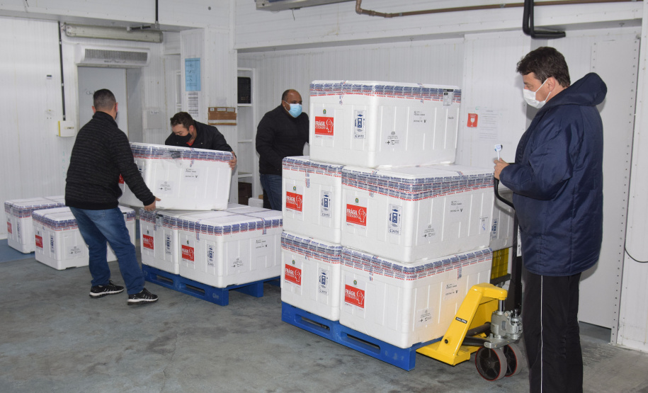 O Paraná recebeu na noite desta segunda-feira (30) mais 182.100 doses de vacinas contra a Covid-19. As 64.350 doses da Pfizer/BioNTech desembarcaram no Aeroporto Internacional Afonso Pena, em São José dos Pinhais, às 19h10 e, logo depois, chegaram mais 117.750 doses da AstraZeneca/Fiocruz.  -  Curitiba, 30/08/2021  -  Foto: Américo Antonio/SESA