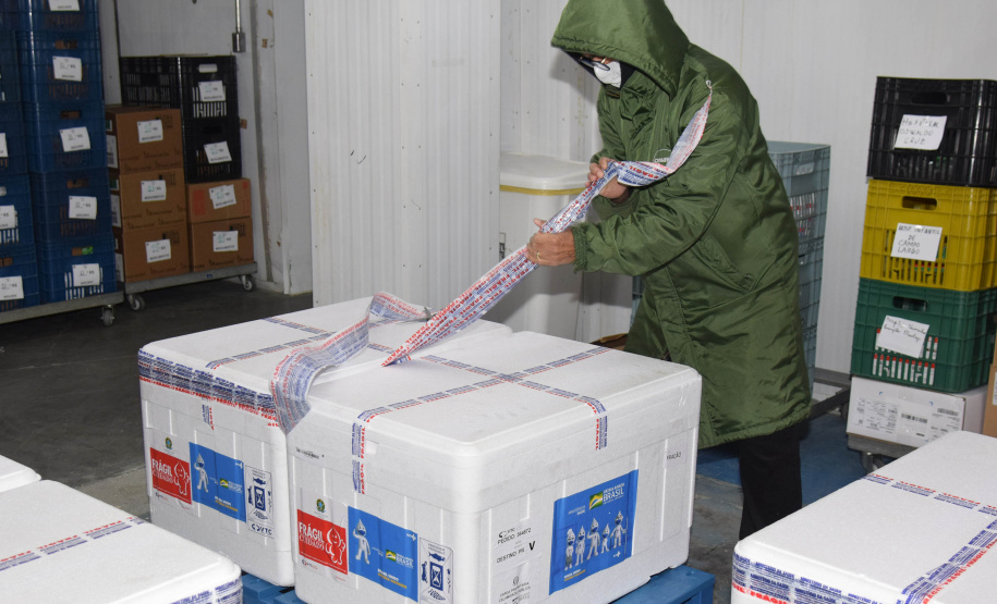 A Secretaria de Estado da Saúde (Sesa) recebeu na noite desta quinta-feira (2) mais 87.000 vacinas contra a Covid-19. As doses de AstraZeneca/Fiocruz desembarcaram no Aeroporto Internacional Afonso Pena, em São José dos Pinhais, às 20h05, no voo AD 4078 e foram enviadas para o Centro de Medicamentos do Paraná (Cemepar) para conferência e armazenamento, até que sejam repassadas aos municípos. - Curitiba, 02/09/2021 -  Foto: Américo Antonio/SESA