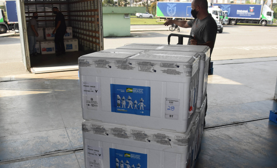 O Paraná recebeu no início da tarde deste sábado (18) mais 363.800 vacinas contra a Covid-19 da CoronaVac. A Secretaria de Estado da Saúde confirmou a chegada ao Estado de duas remessas, que desembarcaram no aeroporto Afonso Pena, em São José dos Pinhais, às 12h55, no voo LA 3443, e às 13h55, no voo AD 4830. -  Curitiba, 18/09/2021  -  Foto: Américo Antonio/SESA