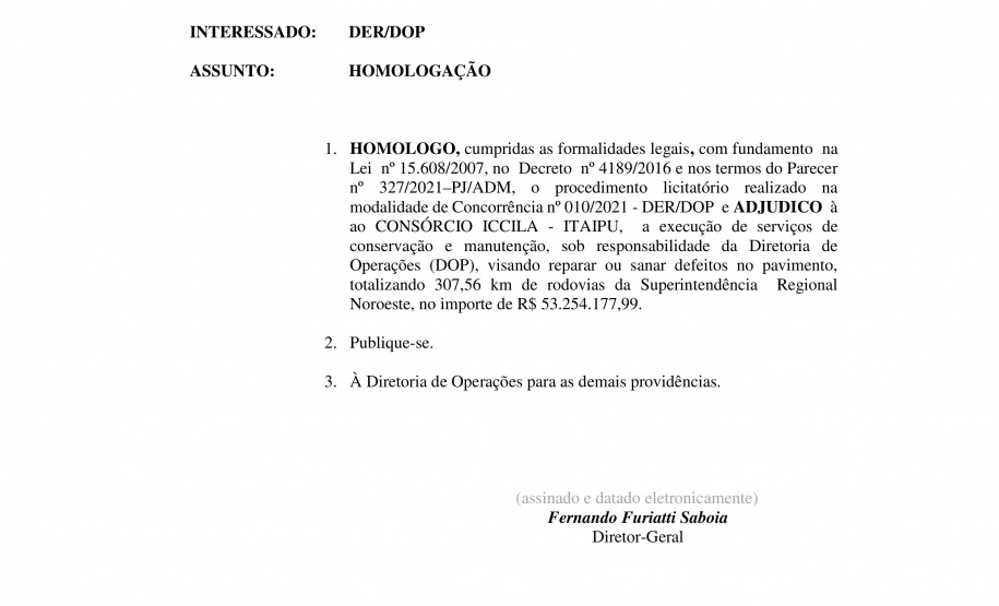 O Departamento de Estradas de Rodagem do Paraná (DER/PR) publicou em diário oficial a homologação da licitação para realizar serviços de conservação e manutenção em 307,56 quilômetros de rodovias na região Noroeste do Estado. -  Curitiba, 28/09/2021  -  Foto: DER