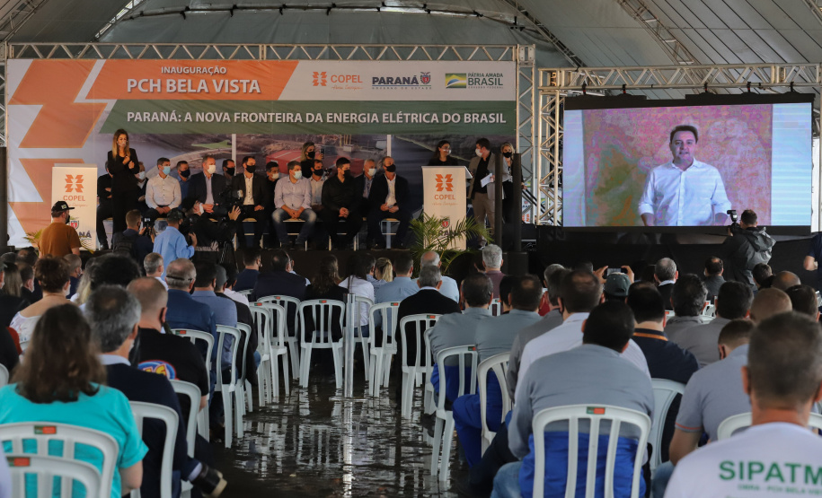 PCH Vere O governador Carlos Massa Ratinho Junior, o ministro de Minas e Energia, Bento Albuquerque, e o presidente da Copel, Daniel Pimentel Slaviero, inauguram de forma virtual nesta sexta-feira (1º) a Pequena Central Hidrelétrica Bela Vista, em Verê, no Sudoeste do Estado. 01/10/2021 - Foto: Geraldo Bubniak/AEN