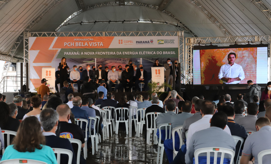 PCH Vere O governador Carlos Massa Ratinho Junior, o ministro de Minas e Energia, Bento Albuquerque, e o presidente da Copel, Daniel Pimentel Slaviero, inauguram de forma virtual nesta sexta-feira (1º) a Pequena Central Hidrelétrica Bela Vista, em Verê, no Sudoeste do Estado. 01/10/2021 - Foto: Geraldo Bubniak/AEN