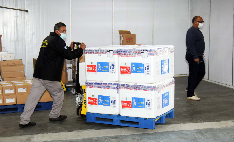 As 344.210 doses da vacina contra a Covid-19 referentes à 56ª pauta de distribuição do Ministério da Saúde chegaram ao Paraná nesta terça-feira (5). Foto: Américo Antonio/SESA